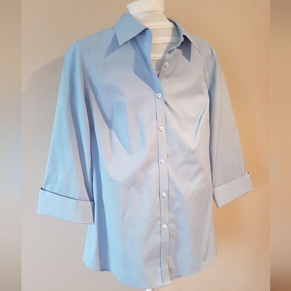 DENVER HAYES Classic Fit  Stretch BLUE Button Up Blouse 3/4 Sleeve & Cuff… - Picture 2 of 13